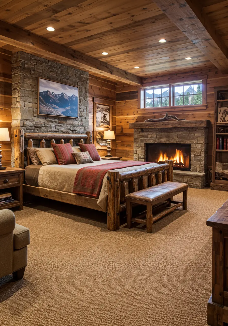This design transforms the basement into a cozy mountain cabin retreat, complete with natural wood elements and outdoor-inspired decor that creates a year-round vacation feeling.