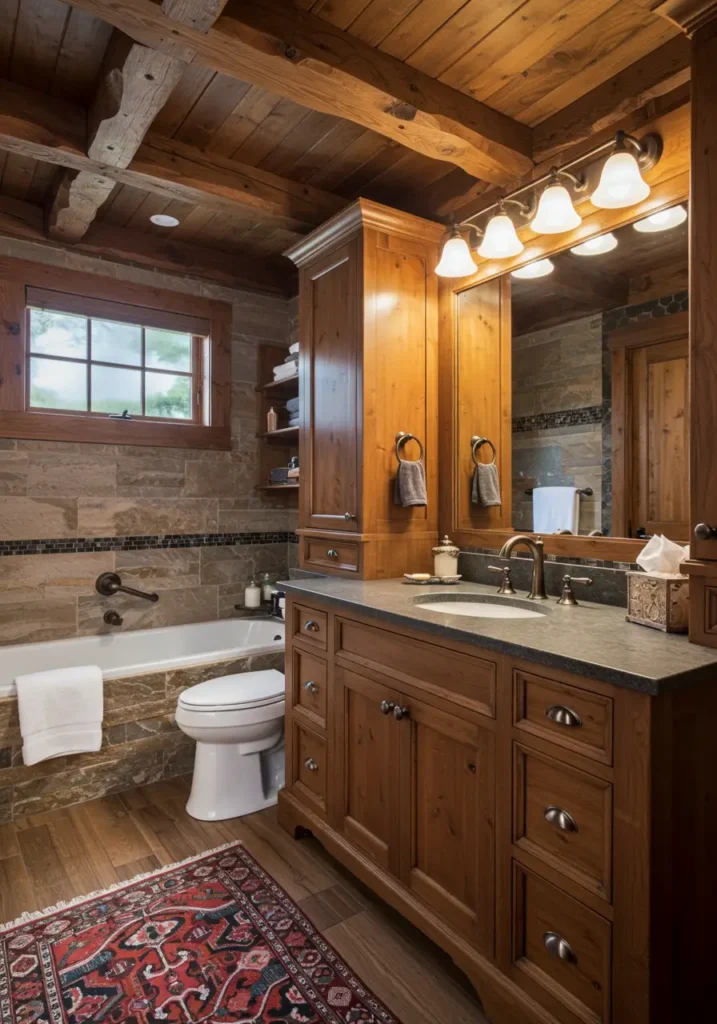 This design brings the cozy warmth of a mountain cabin to the basement level, creating an intimate retreat that celebrates natural materials and rustic craftsmanship. The concept emphasizes comfort and connection to nature through authentic textures and earthy tones.