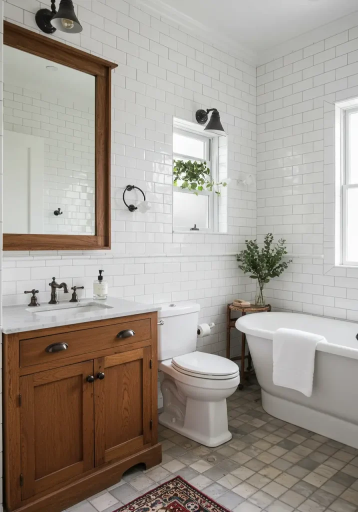 Celebrating rural American heritage, this design combines weathered wood, natural stone, and vintage fixtures for a cozy, authentic farmhouse feel.