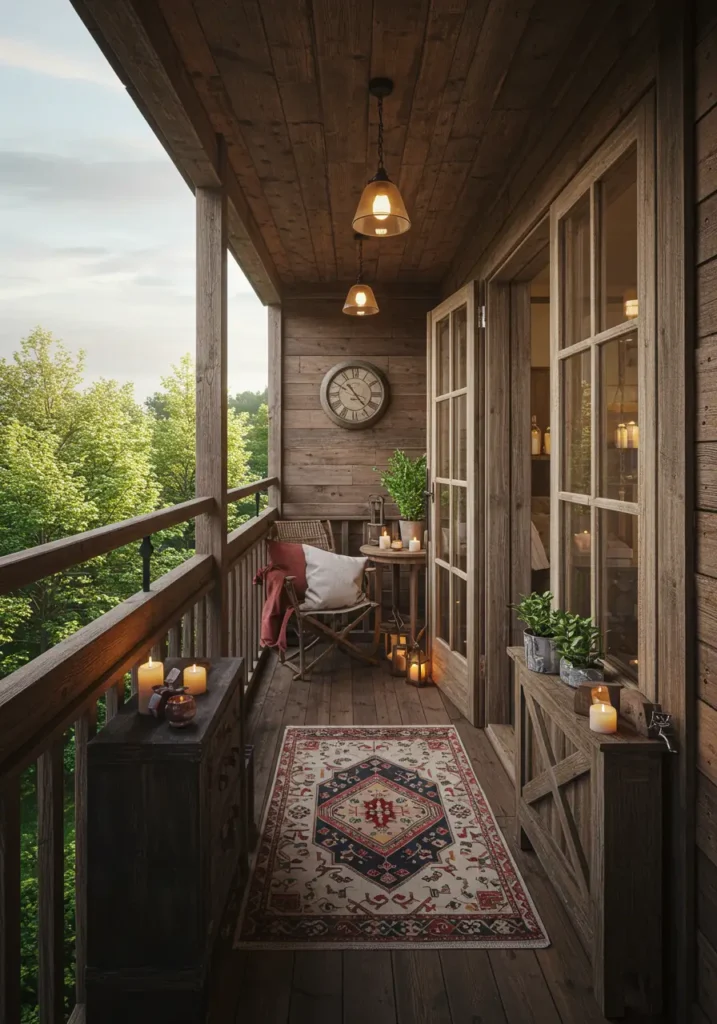 Embrace the charm of country living with this warm, inviting balcony design that celebrates weathered materials, vintage finds, and the simple pleasures of rural life adapted for urban spaces.