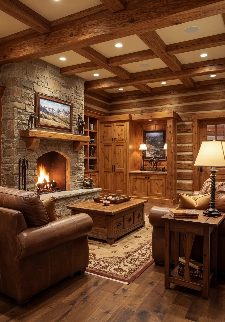 Capturing the cozy warmth of a mountain cabin, this basement design incorporates natural materials, traditional craftsmanship, and alpine-inspired elements for year-round cabin comfort.