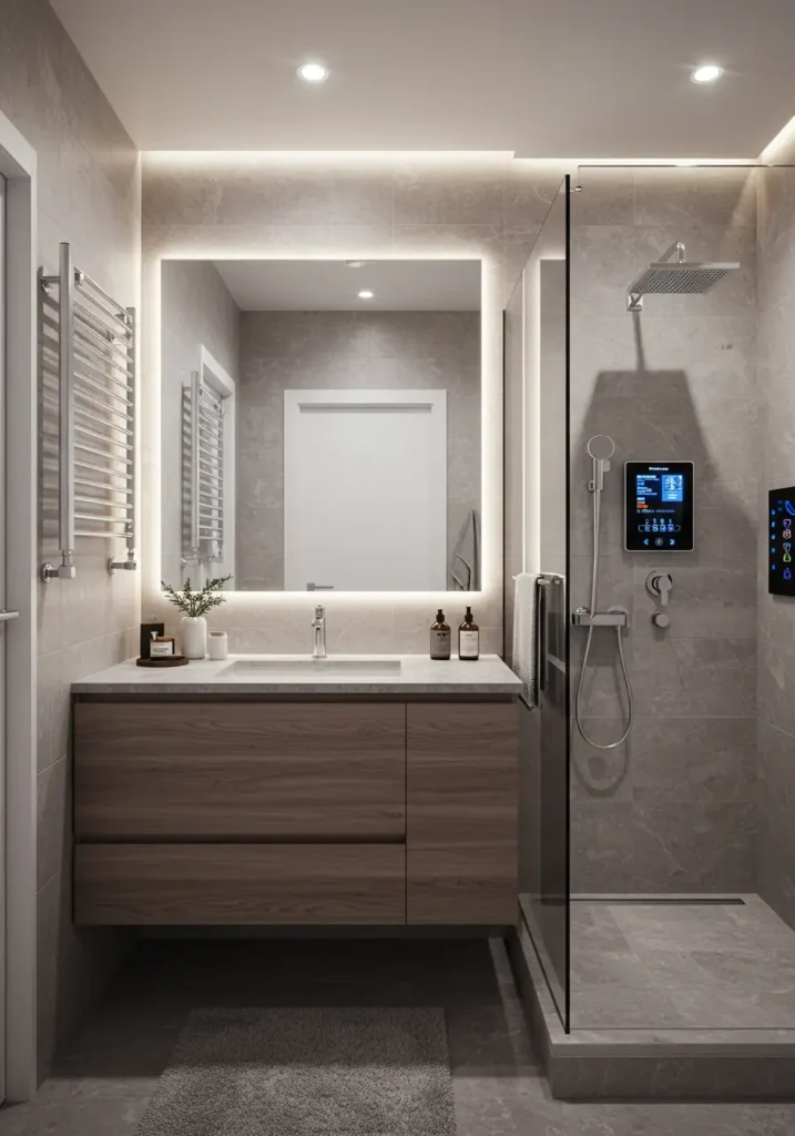 This futuristic concept seamlessly integrates smart technology and innovative materials to create a high-tech bathroom that maximizes efficiency and creates a sense of space through digital enhancement.