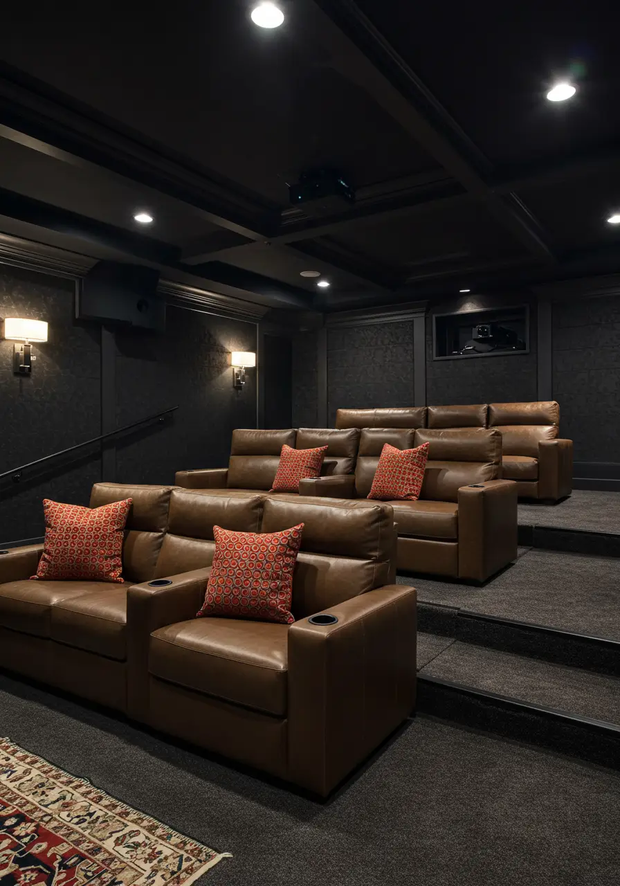 Creating the ultimate cinematic experience, this basement concept rivals commercial theaters with professional-grade equipment, luxurious seating, and atmospheric design that makes every movie night feel like a premiere event.