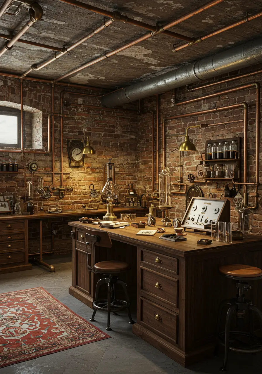 Combining Victorian industrial aesthetics with mad scientist creativity, this basement becomes a functional workshop space with steampunk design elements for makers and inventors.