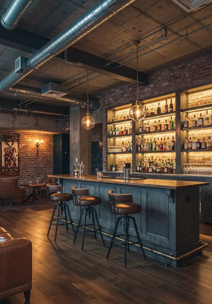 Bring the energy and sophistication of an urban rooftop bar indoors with industrial elements and city-inspired design.