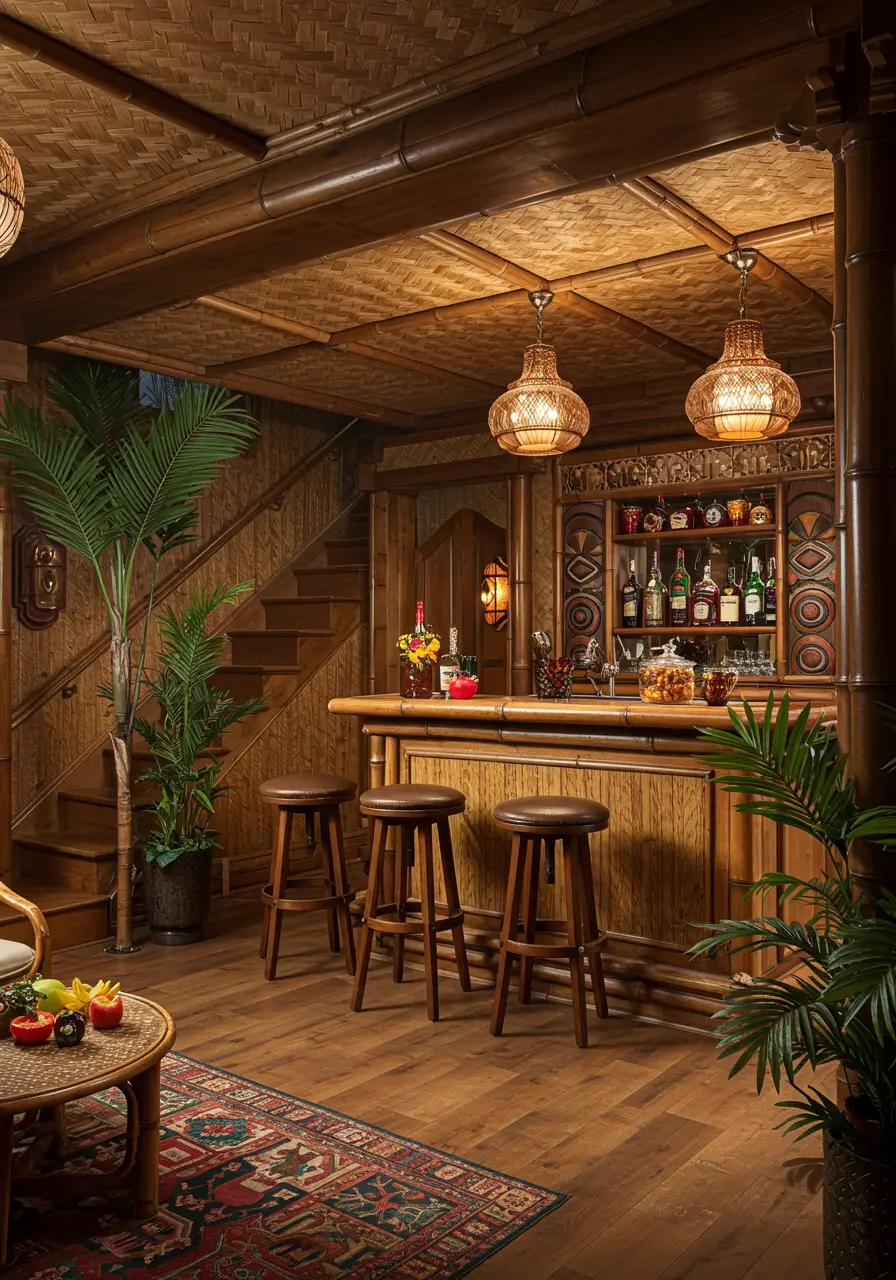 This exotic transformation brings island vibes underground, creating an escape to a tropical paradise. The design incorporates authentic tiki elements while maintaining modern functionality for year-round entertaining.