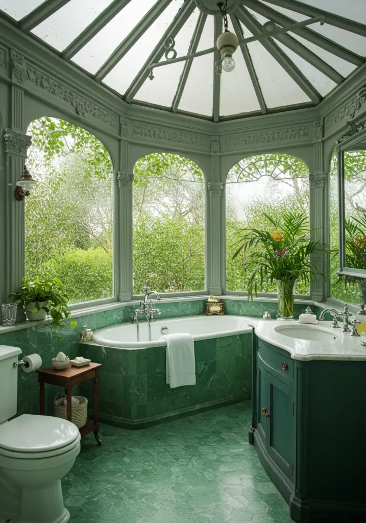 Reminiscent of grand Victorian conservatories where exotic plants thrived behind glass walls, this bathroom combines period-appropriate details with lush botanical elements. The rich green palette reflects the era's fascination with nature and craftsmanship.