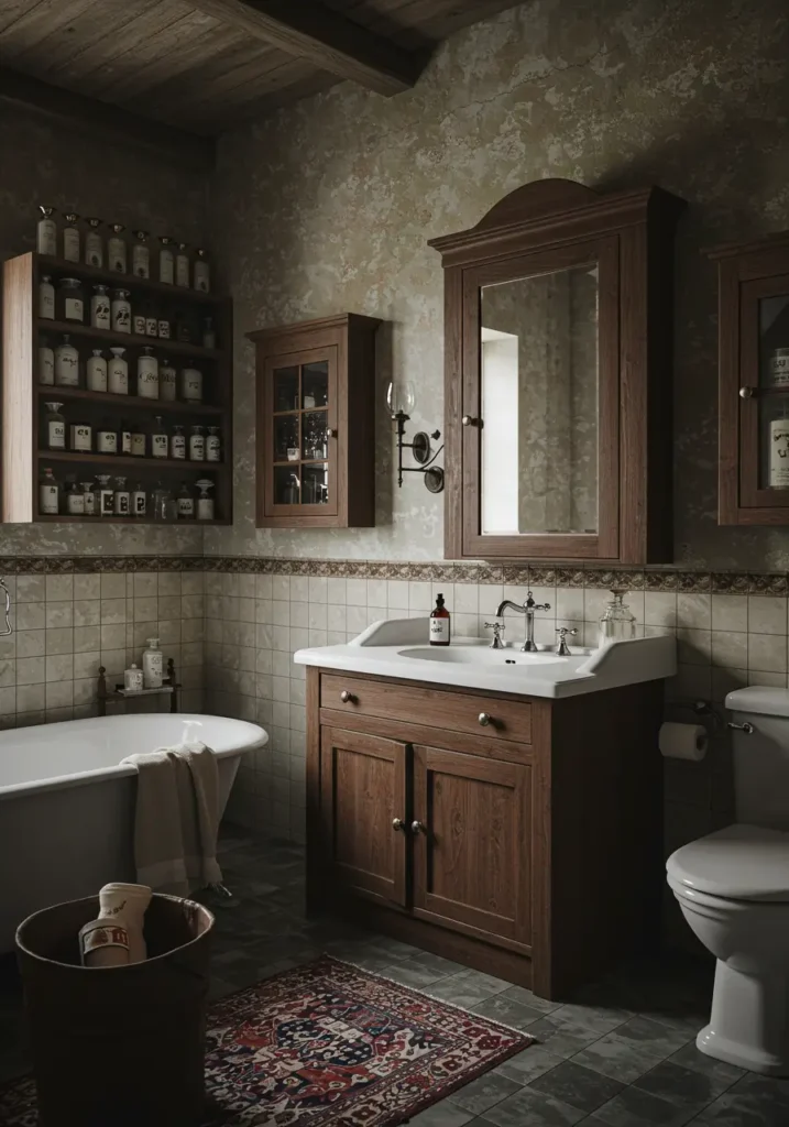 Celebrating the charm of old-world pharmacies and medicine cabinets, this design combines vintage elements with modern functionality for timeless appeal.
