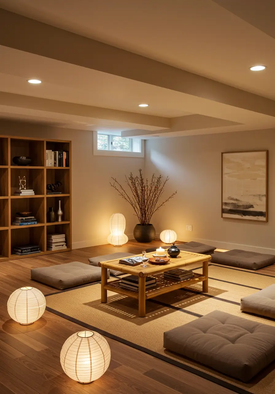 Create a peaceful meditation and relaxation space with this minimalist Japanese-inspired design featuring natural materials, clean lines, and calming neutral colors. This concept is perfect for families seeking a tranquil retreat for mindfulness and relaxation.