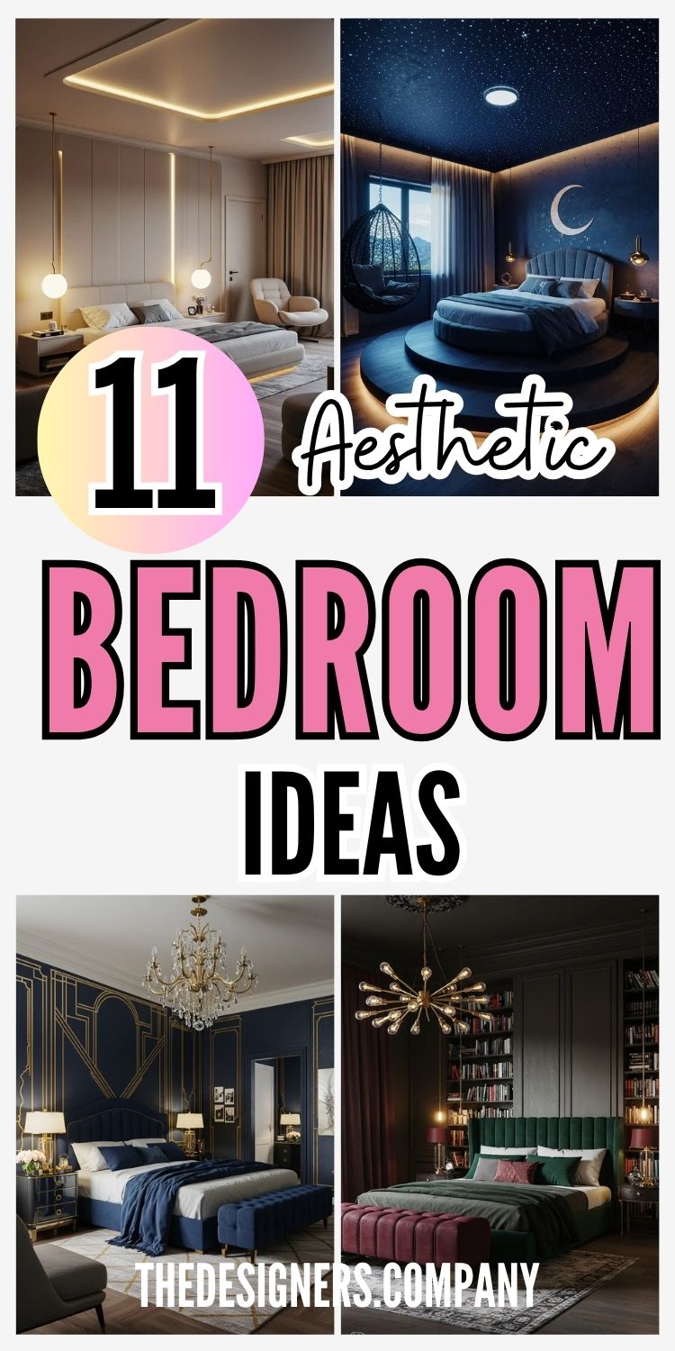 Collage showcasing 11 aesthetic bedroom ideas featuring four distinct bedroom styles. Top left displays modern minimalist bedroom with warm LED ceiling lighting, neutral tones, and built-in wardrobes. Top right shows celestial-themed bedroom with starry ceiling, circular bed, crescent moon wall decor, and deep blue color scheme. Bottom left features luxurious Art Deco bedroom with navy walls, gold geometric patterns, crystal chandelier, and elegant furnishings. Bottom right presents dark academia library bedroom with floor-to-ceiling bookshelves, emerald green accents, brass lighting, and scholarly atmosphere. Bold pink text reads "11 Aesthetic BEDROOM IDEAS" emphasizing home design inspiration.