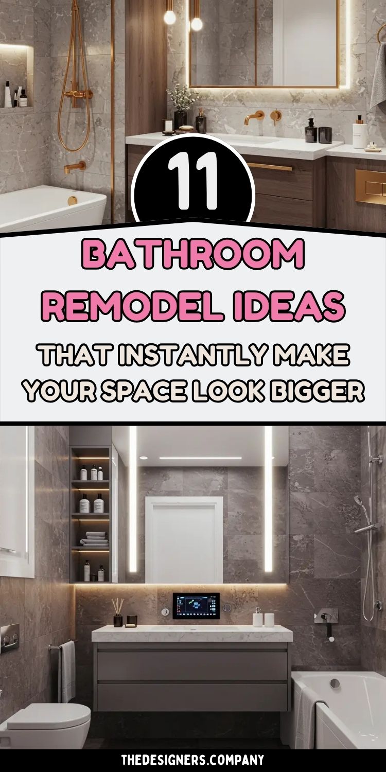 Image displays a Pinterest graphic titled "11 Bathroom Remodel Ideas That Instantly Make Your Space Look Bigger" with modern, elegant bathroom designs. The top section shows a luxurious space with gold fixtures, marble textures, and a backlit mirror. The bottom section features a sleek, smart-tech bathroom with built-in lighting, floating vanity, and dark stone walls. The design theme includes space-saving ideas, modern style, and light-enhancing elements, ideal for small bathrooms.