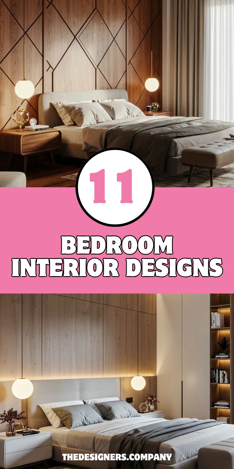 Image showcases 11 bedroom interior design concepts with bold pink banner text. Features two luxury bedrooms with warm wood geometric accent walls, neutral bedding, spherical pendant lights, and built-in storage. Upper bedroom displays diamond-pattern wood paneling behind white upholstered bed. Lower bedroom shows vertical wood slat wall with integrated shelving and lighting. Both rooms emphasize modern minimalist aesthetics with sophisticated lighting and clean lines, representing contemporary bedroom design inspiration.