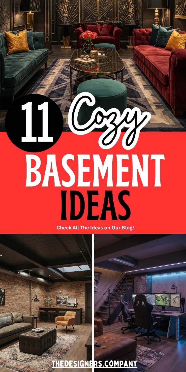 Image features a Pinterest pin with the title “11 Cozy Basement Ideas” in bold black, red, and white text. The design highlights three different basement styles: a luxurious Art Deco speakeasy with velvet seating and moody lighting, an industrial-style lounge with exposed brick and leather furniture, and a modern gaming den with ambient LED lighting and dual-screen setup. The theme showcases stylish and functional basement transformations for various tastes, emphasizing comfort and creativity. The bottom text reads “THEDESIGNERS.COMPANY”.