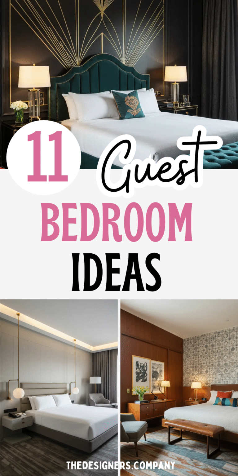 Collage showing "11 Guest Bedroom Ideas" in pink and black text overlay. Top image displays luxurious Art Deco-style bedroom with teal velvet tufted headboard, gold geometric wall art, brass table lamps, white bedding, and dark walls. Bottom left shows modern minimalist bedroom with gray upholstered headboard, pendant lighting, neutral tones. Bottom right features mid-century modern bedroom with wood paneling, geometric wallpaper, warm lighting, and vintage furniture pieces.