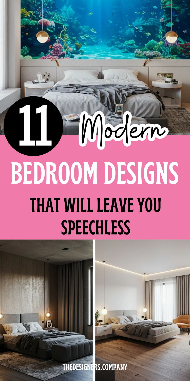 Image showcases 11 modern bedroom designs that defy expectations. The first bedroom features an underwater theme with a serene ocean mural, blending fantasy and tranquility. The second room presents a minimalist, industrial zen aesthetic with raw, textured walls and sleek lighting. Text reads, "11 Modern Bedroom Designs That Will Leave You Speechless." The design combines futuristic concepts with luxurious simplicity, offering creative, inspiring bedroom styles for every taste.
