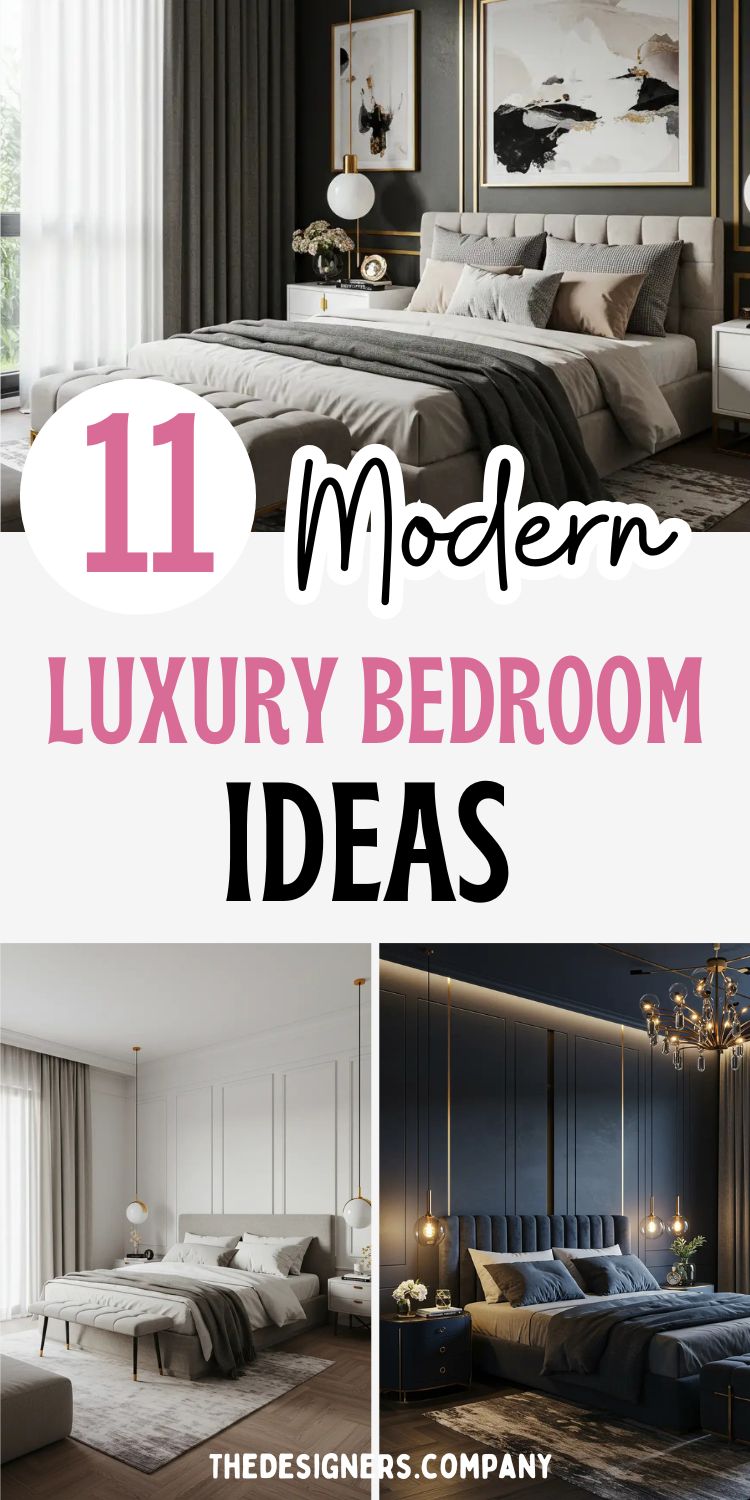 Image showcasing "11 Modern Luxury Bedroom Ideas" in bold pink and black typography. Features three elegant bedroom photos: top shows sophisticated gray bedroom with gold accents, abstract artwork, and pendant lighting; bottom left displays minimalist white bedroom with clean lines; bottom right reveals dramatic navy bedroom with fluted headboard and brass chandelier. All rooms emphasize luxury through premium materials, layered textures, and refined color palettes.