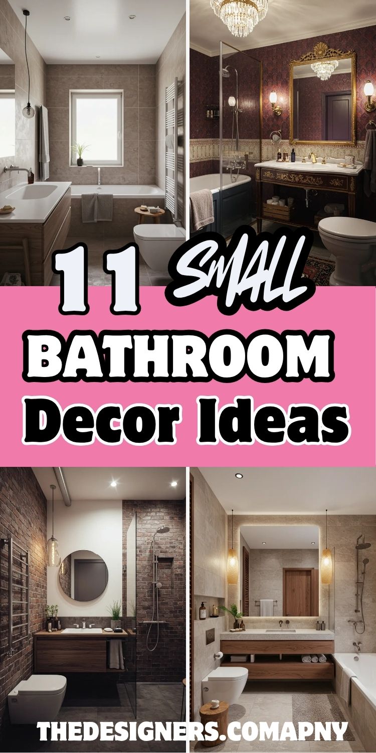 Image showcases four stylish small bathroom decor designs, featuring text that reads "11 Small Bathroom Decor Ideas" in bold fonts over a pink background. Each quadrant displays a different theme: a neutral modern bath with soft lighting, a vintage glam style with chandeliers and ornate mirror, a rustic industrial look with brick walls and exposed lighting, and a serene spa-like bathroom with wood accents and natural textures. The overall theme highlights smart, space-saving ideas for stylish small bathrooms.