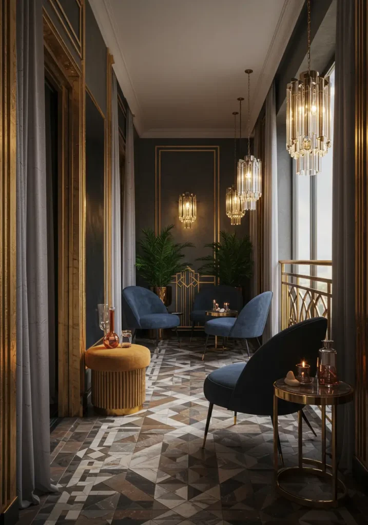 Drawing from the golden age of 1920s luxury and New York's Art Deco architecture, this design brings sophisticated glamour to balcony entertaining.