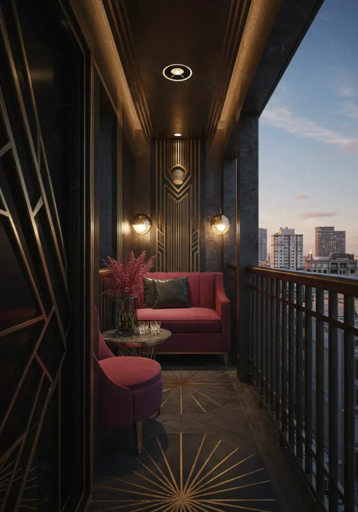 Step into the golden age of design with this sophisticated balcony that captures the opulence and geometric beauty of the 1920s through metallic finishes, bold patterns, and luxurious materials.