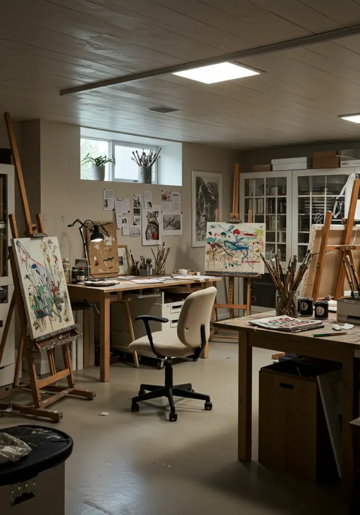 Designed for creative pursuits and artistic expression, this concept creates an inspiring basement workspace with excellent lighting, organized storage, and flexible areas for various art forms.