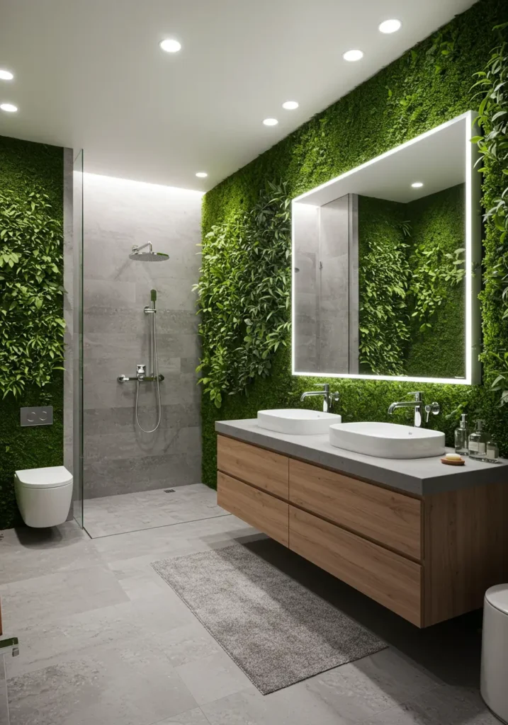 Based on biophilic design principles that emphasize human connection to nature, this bathroom integrates living elements seamlessly with contemporary aesthetics. The varied green palette reflects the natural diversity found in thriving ecosystems.