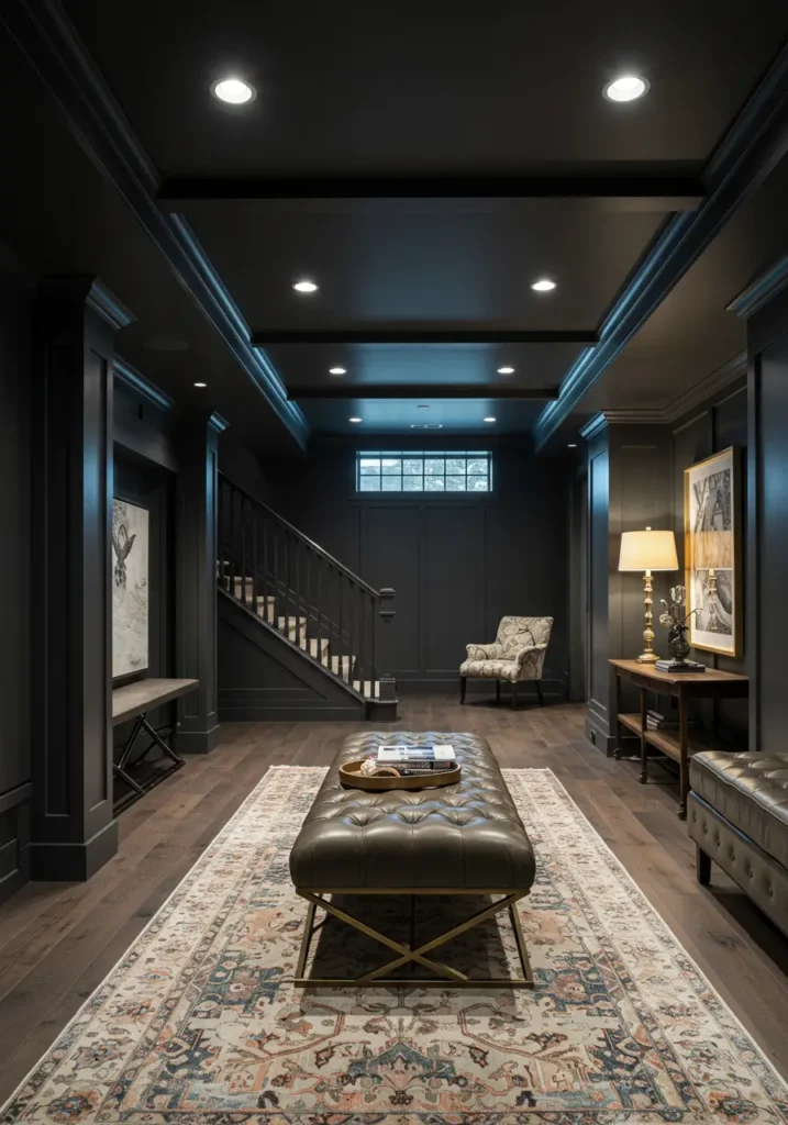 This bold concept challenges the conventional wisdom of keeping basement ceilings light by embracing dramatic dark colors that create intimacy and sophistication. The design proves that dark ceilings can make spaces feel larger when executed properly.