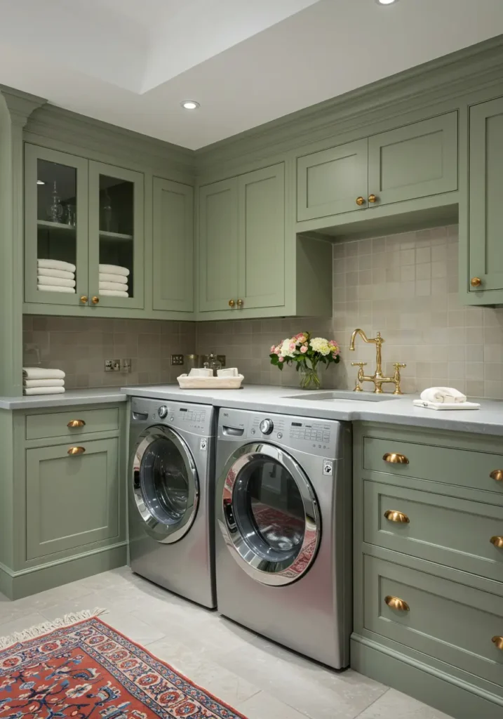 Bringing the timeless elegance of English country estates to the basement laundry room, this design creates a sophisticated space that treats garment care with the attention traditionally given to formal rooms.