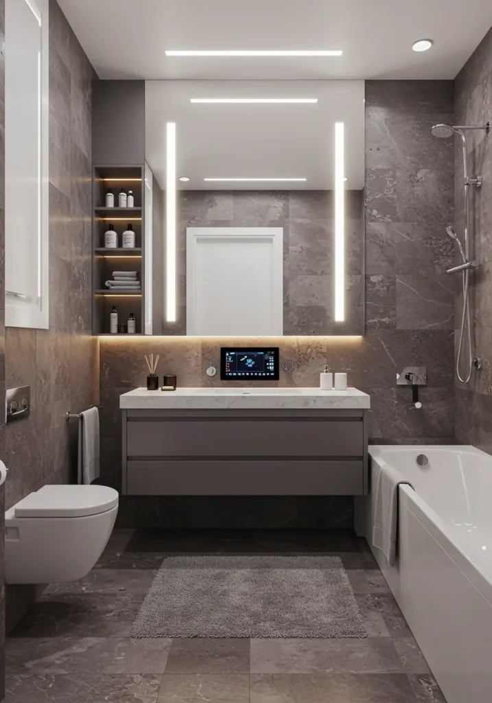 This concept integrates cutting-edge technology with sleek design to create a bathroom that feels larger through smart automation and interactive elements.