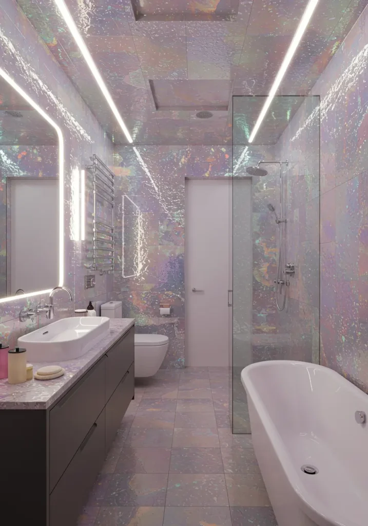 Looking toward the future of space travel and sci-fi aesthetics, this design creates an otherworldly bathroom experience with high-tech features and cosmic themes.