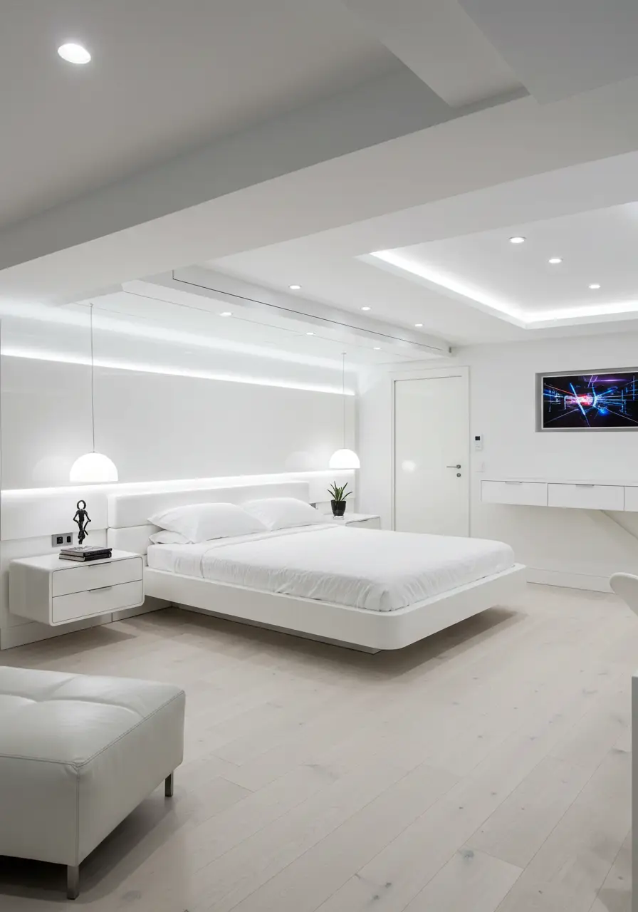 This design embraces cutting-edge technology and sleek aesthetics to create a basement bedroom that feels like it belongs in a high-tech future, perfect for tech enthusiasts.
