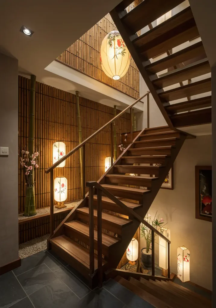 This concept transforms the stairwell into a peaceful meditation passage inspired by Japanese design principles, emphasizing natural materials, clean lines, and mindful lighting to create a serene transition space that promotes calm and reflection.