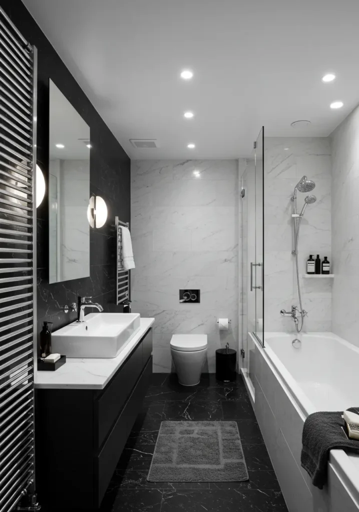 This design embraces the power of monochromatic sophistication, using only black and white to create a space that feels both timeless and cutting-edge. The concept relies on texture, pattern, and form to create visual interest without color.