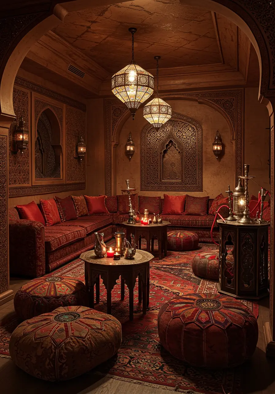 This exotic transformation creates an authentic Moroccan atmosphere with rich textures, intricate patterns, and warm hospitality. The design captures the essence of traditional Moroccan riads while providing a comfortable space for relaxation and socializing.