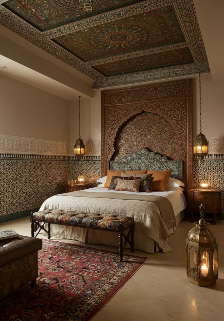 Drawing from the exotic luxury of Moroccan riads, this design transforms the basement into an opulent Middle Eastern retreat with rich textures, intricate patterns, and jewel tones.