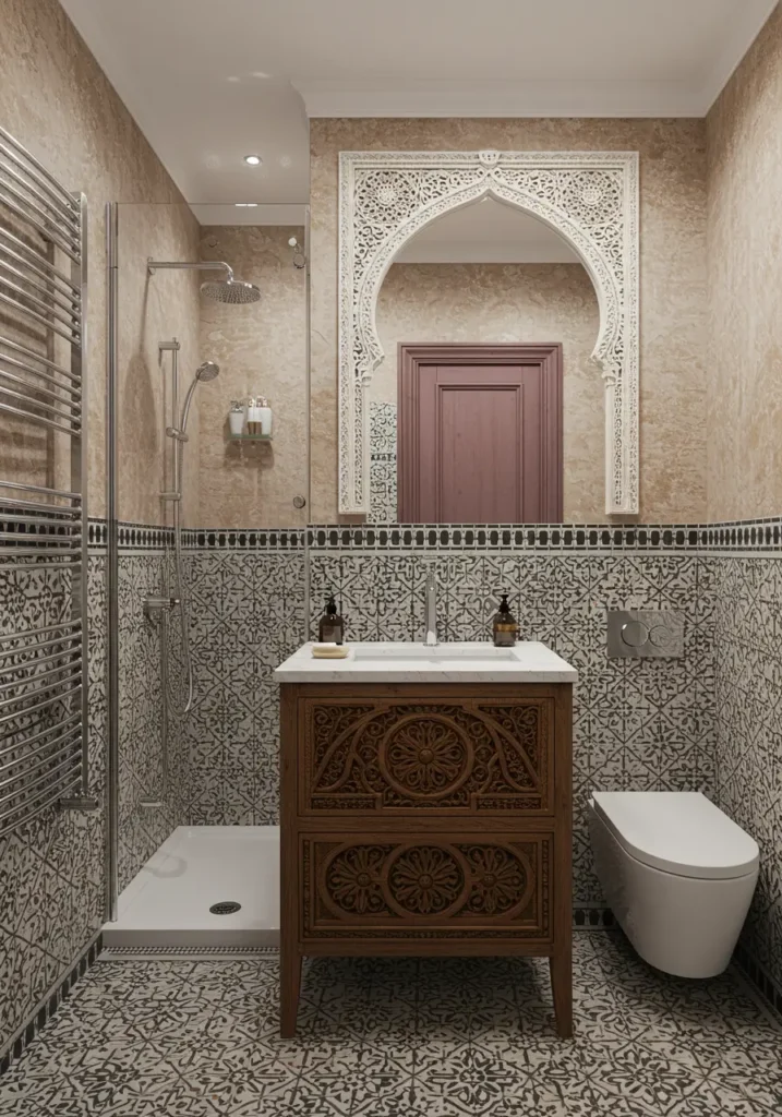 This design uses intricate Moroccan tilework and warm, rich colors to create visual depth and cultural richness, making the small space feel like an exotic retreat.