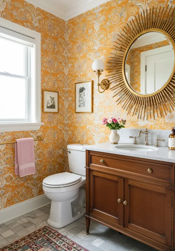 This concept embraces the bold colors and patterns of the 1970s, using removable wallpaper and vintage-inspired accessories to create a fun, nostalgic powder room that's both retro and contemporary.