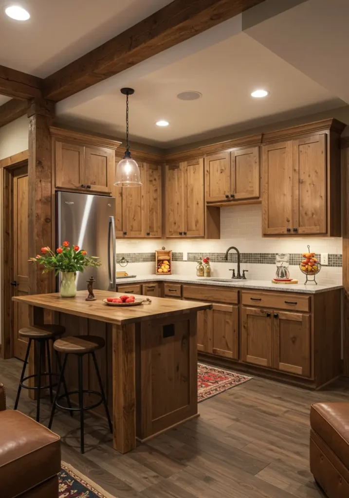 Transform your basement into a mountain cabin escape with this rustic lodge-inspired kitchenette. Knotty pine cabinetry, stone accents, and wrought iron details create authentic wilderness charm while modern appliances ensure contemporary functionality. The space feels like a cozy cabin kitchen perfect for après-ski entertaining.