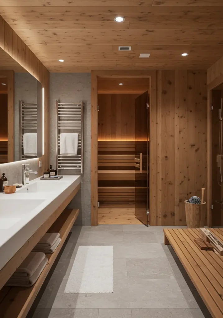 Inspired by Nordic wellness traditions and Scandinavian design principles, this bathroom emphasizes natural materials, clean lines, and holistic well-being. The design creates a personal spa experience focused on relaxation and rejuvenation.