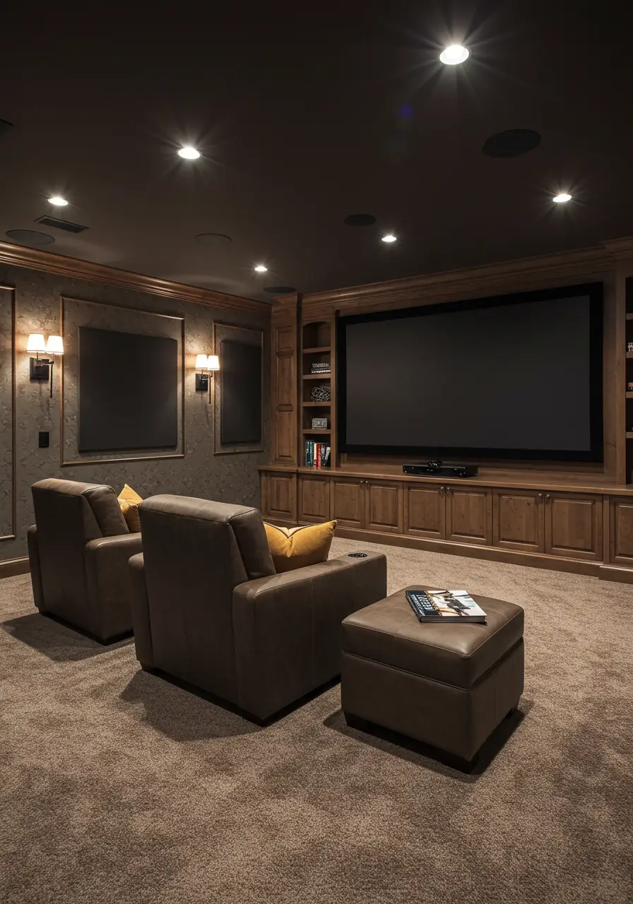 Bringing the cinema experience home, this concept creates a luxurious movie-watching environment with professional-grade audio-visual equipment, comfortable seating, and atmospheric lighting that rivals commercial theaters.