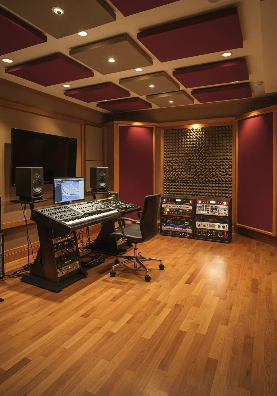 Designed for serious musicians and audio professionals, this basement studio combines professional-grade acoustics with warm, inspiring design elements that enhance creativity.