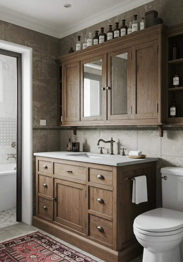 Drawing from the romance of old-world apothecaries and European pharmacy interiors, this design creates a unique bathroom that celebrates the beauty of vintage medicine and grooming rituals.