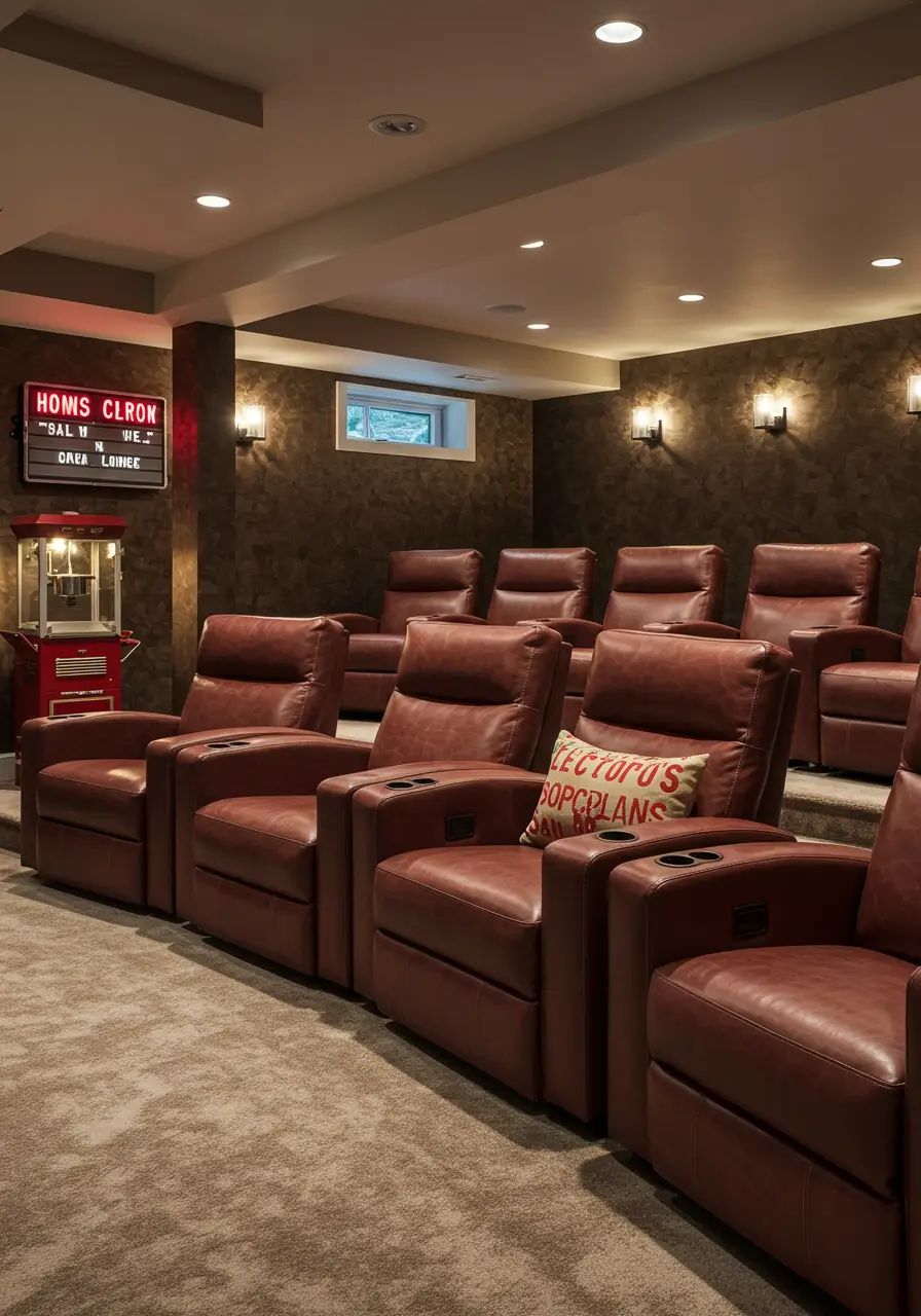 Transform your basement into a classic movie theater with vintage cinema seating, dramatic lighting, and movie memorabilia. This design creates an authentic theater experience perfect for families who love film and entertaining, combining nostalgia with modern comfort.
