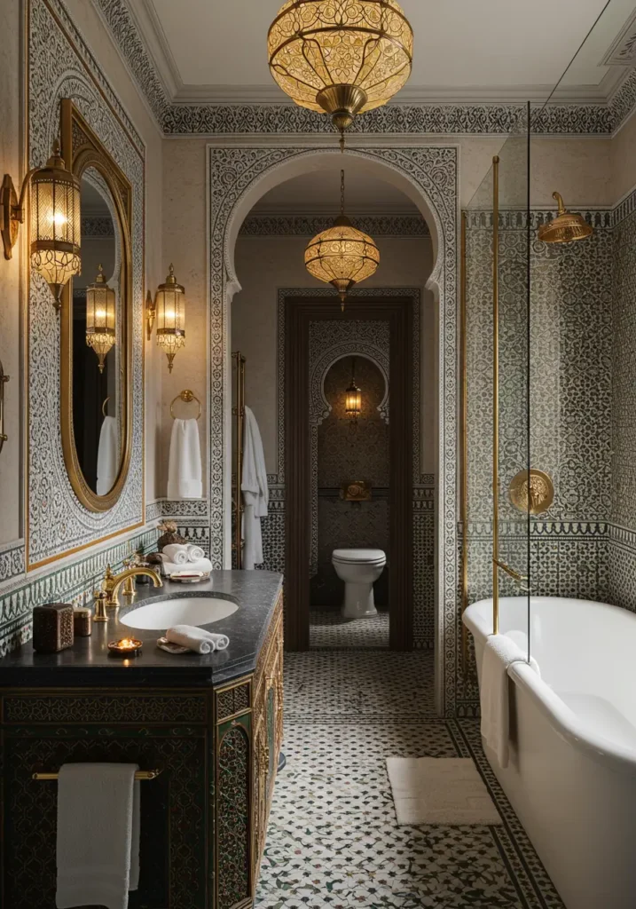 Channeling the golden age of Hollywood glamour with a modern twist, this design celebrates the dramatic elegance of vintage movie stars. It's perfect for those who love theatrical luxury and want their bathroom to feel like a star's private dressing room.