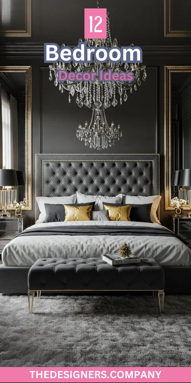Image shows a luxurious bedroom with bold black and gold Hollywood Regency style. The text "12 Bedroom Decor Ideas" is placed at the top in modern fonts, highlighted with pink and purple tones. The decor includes a tufted black velvet headboard, crystal chandelier, metallic gold accents, symmetrical bedside tables with black lamps, and a gray shag rug. The theme emphasizes high-end glam and opulence using affordable elements, promoting luxury on a budget.