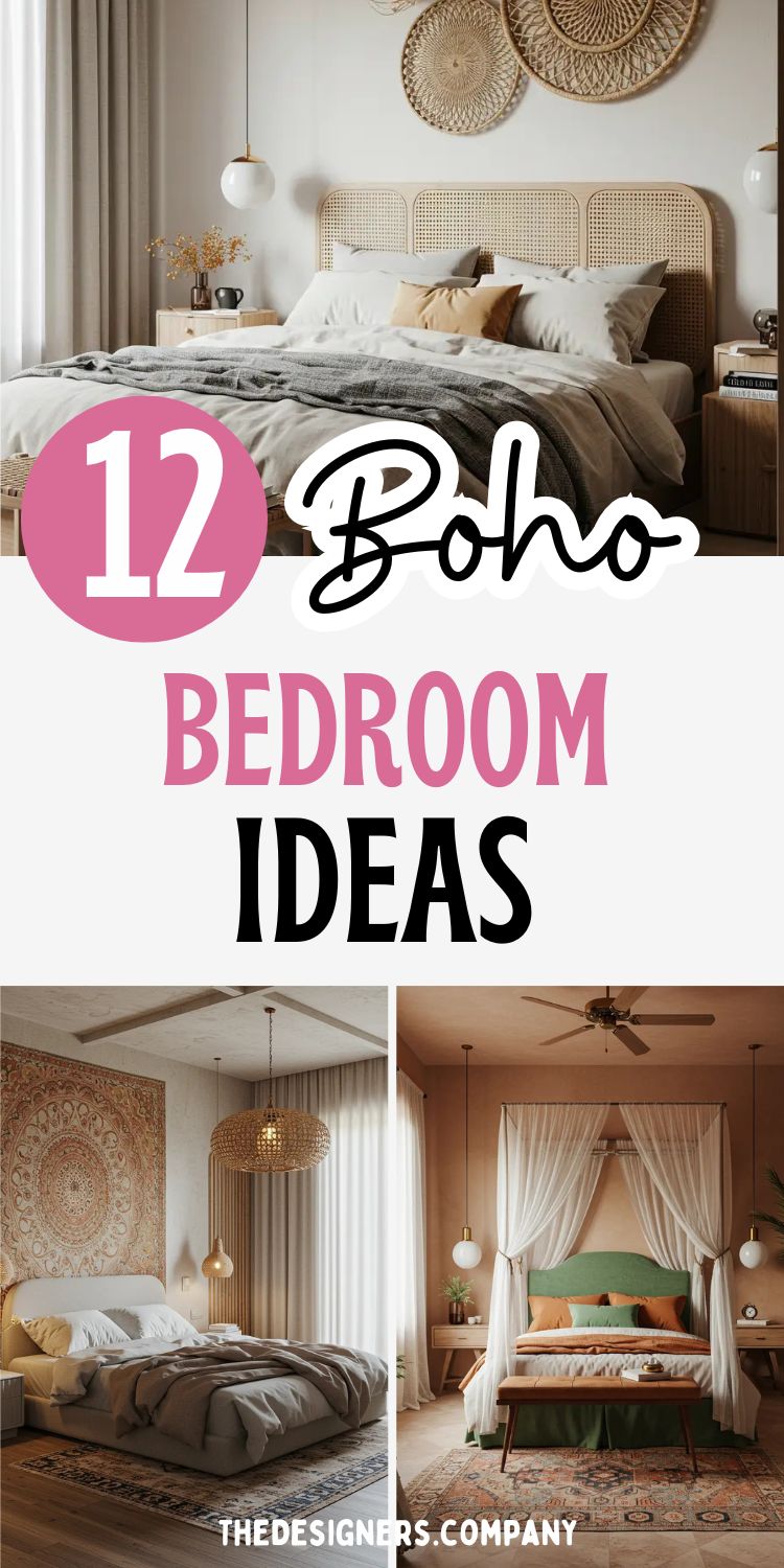Image showcasing "12 Boho Bedroom Ideas" with three bedroom images featuring bohemian decor. Top image shows neutral bedroom with cane headboard, woven basket wall art, white linens, and pendant lighting. Bottom left displays bedroom with intricate patterned wallpaper, neutral bedding, and natural textures. Bottom right features canopy bed with white curtains, green accents, and warm wood tones. Text overlay in pink and black highlights the boho bedroom theme with natural, earthy aesthetic throughout.RetryClaude can make mistakes. Please double-check responses.
