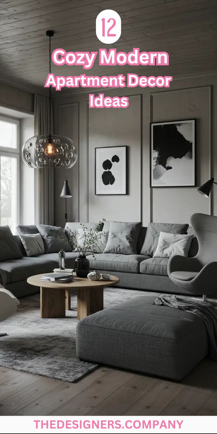 The image showcases a modern, cozy living room with a soft gray sectional sofa, a round wooden coffee table, and minimalist black and white art pieces on the wall. The room is accented with soft lighting and neutral tones, creating a relaxing and inviting atmosphere. The space is perfect for anyone seeking modern yet cozy apartment decor ideas. The "12 Cozy Modern Apartment Decor Ideas" text is displayed in bold pink, inviting viewers to explore the full range of design ideas.