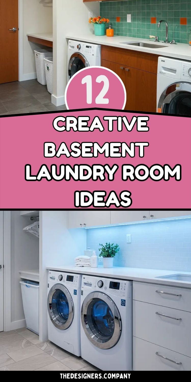 Image shows "12 Creative Basement Laundry Room Ideas" with two laundry room examples. Top photo features modern setup with teal subway tile backsplash, warm wood cabinets, white countertops, front-loading washer/dryer, and wicker storage baskets. Bottom photo shows contemporary white laundry room with LED under-cabinet lighting, sleek white cabinets, side-by-side washer/dryer, and minimalist design. Pink circular badge displays "12" prominently. Both spaces demonstrate stylish, functional basement laundry transformations.