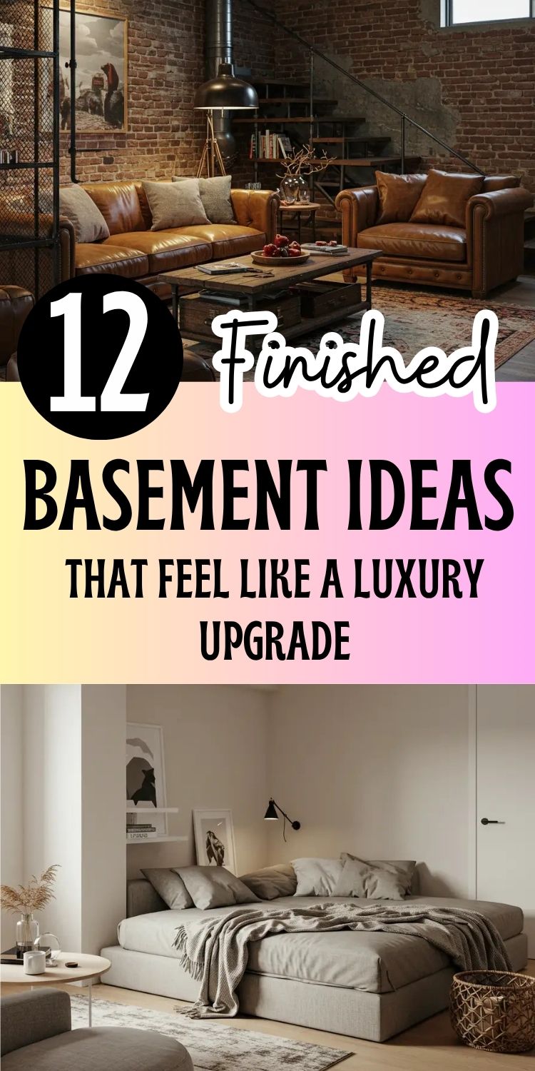 graphic showcasing "12 Finished Basement Ideas That Feel Like a Luxury Upgrade." The image includes a warm, industrial-style basement with exposed brick, leather sofas, and metal accents, paired with a soft, cozy minimalist bedroom featuring neutral tones and layered bedding. The design themes include luxury, comfort, and creative use of basement spaces. The bold text overlay appears across a soft gradient background, blending black, white, and pastel colors to highlight the title.