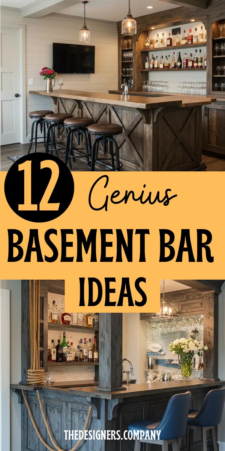 Image features a Pinterest graphic titled "12 Genius Basement Bar Ideas" with two stylish basement bar setups. The top bar has a rustic wooden finish, black metal stools, pendant lighting, and an open liquor shelf with a mounted TV. The bottom setup includes rope-accented columns, navy leather stools, and a mirrored glassware shelf. Text is bold with warm orange and black accents, emphasizing affordable and stylish home bar transformations. Theme highlights cozy, rustic, and budget-friendly design.