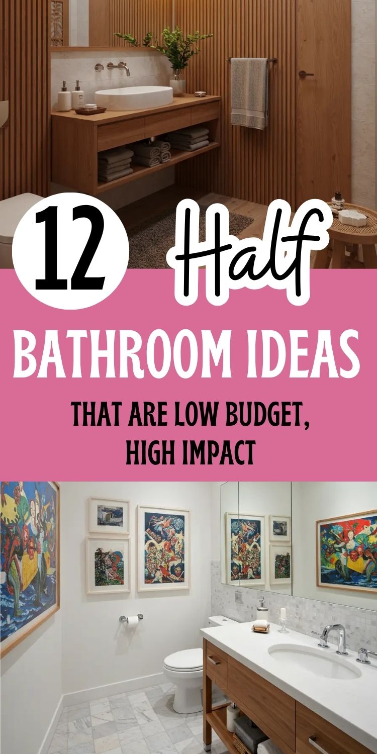 image showing two stylish half bathroom ideas with the text “12 Half Bathroom Ideas That Are Low Budget, High Impact.” The top image features a warm, modern space with vertical wood paneling, a floating wooden vanity, and soft neutral accents. The bottom image showcases a clean white bathroom with colorful art gallery-style framed prints, marble flooring, and a sleek wood vanity. The overall theme highlights affordable yet visually impactful small bathroom transformations.